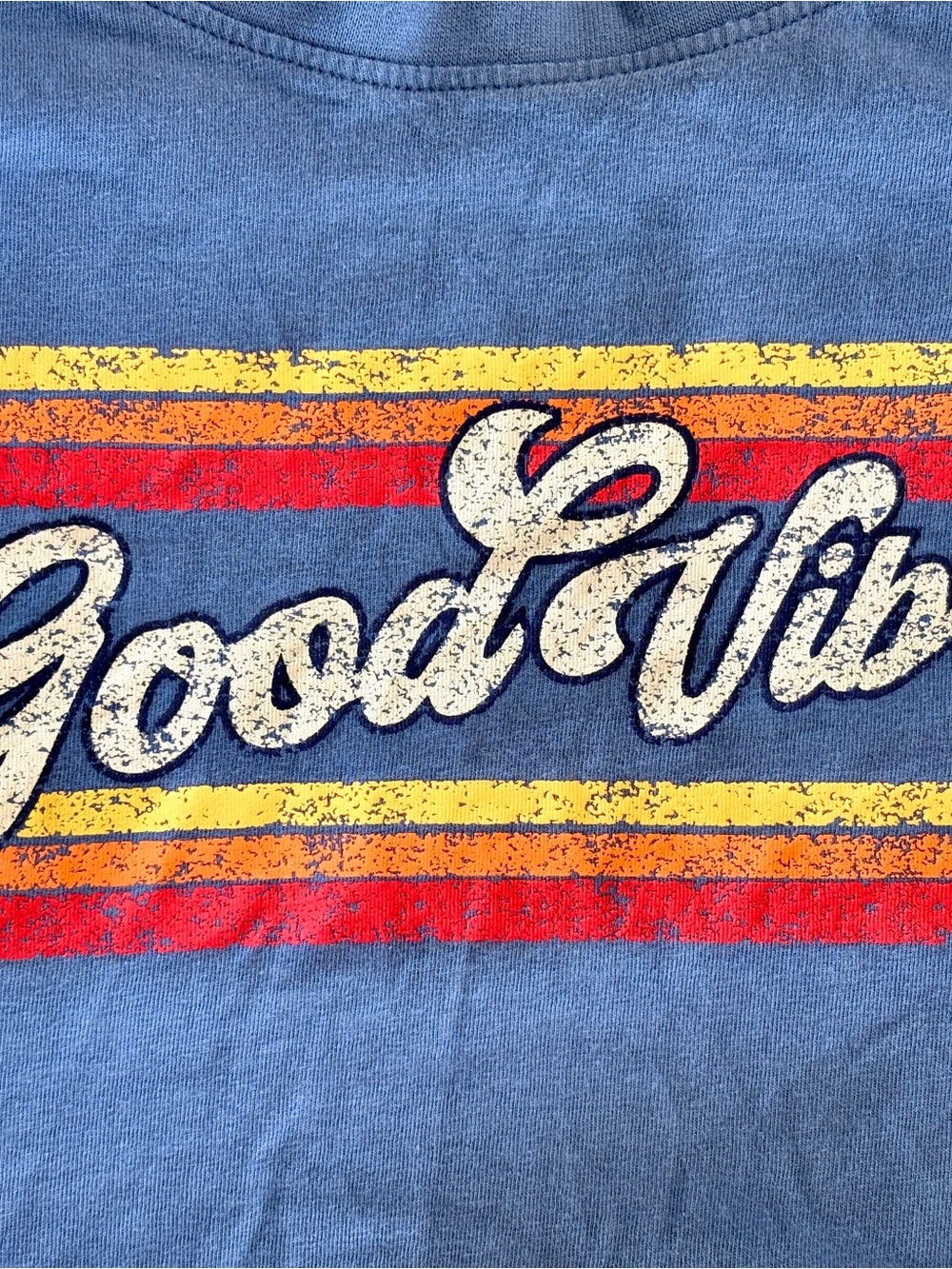Good Vibes Retro Stripe Tee in Blue with Red, Yellow, Orange Accents Mens sm
